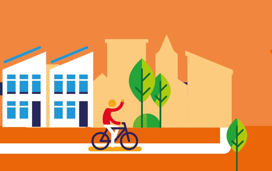 visuele weergave van flatgebouwen met zonnepanelen en een fietser die zwaait